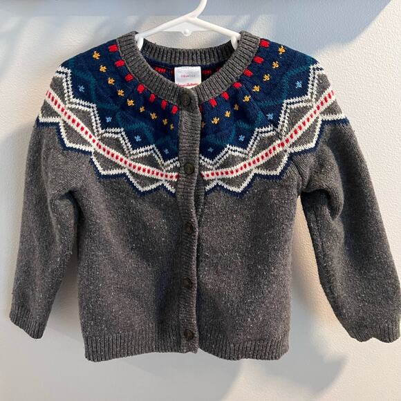 Hanna Andersson Flecked Dark Heather Grey Fair Isle Cardigan Sweater Size 5 - Picture 1 of 7